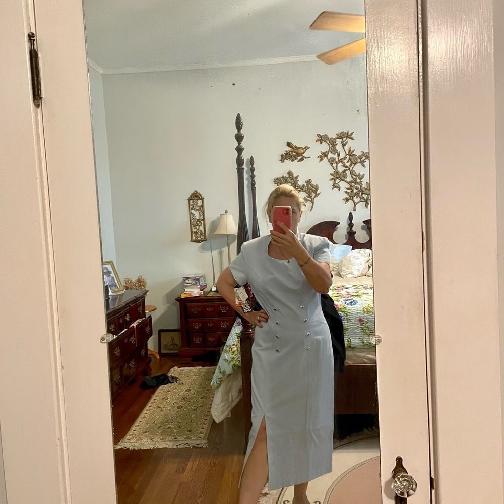 NWT Vtg 80s/90s First Focus light blue cotton short sleeve midi dress - Picture 2 of 10